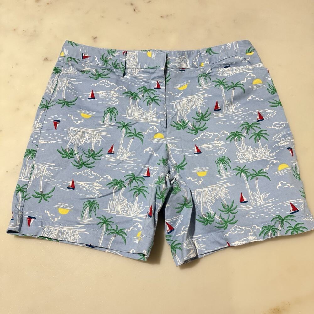 Lands’ End Women’s 10 Mid-Rise Chino Bermuda Shorts Palm Tree Sailboat Coastal